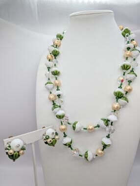 VENDOME Demi-Parure Spring Floral Double Strand Glass Necklace and Clip Earrings